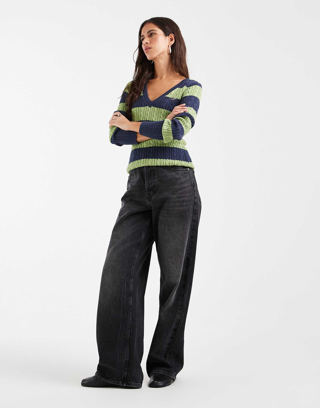 Hollister knitted icon logo v neck jumper in green and navy stripe