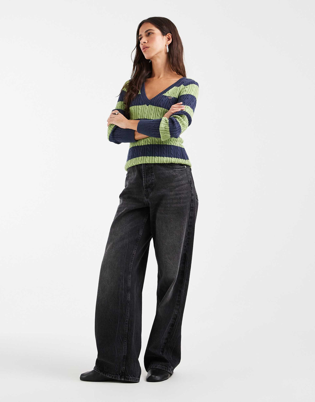Hollister knitted icon logo v neck jumper in green and navy stripe