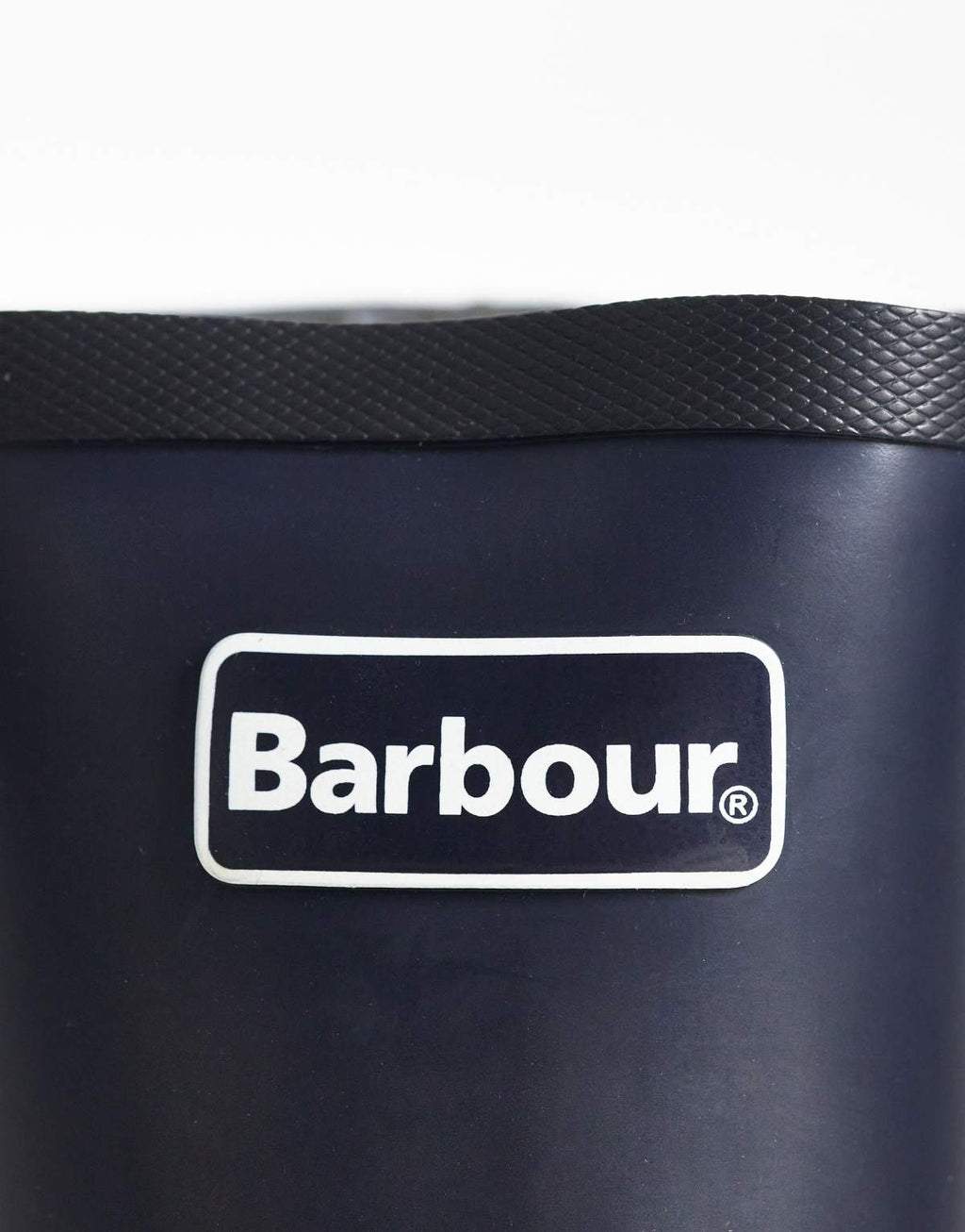 Barbour Abbey tall wellington boot in navy, detail of logo