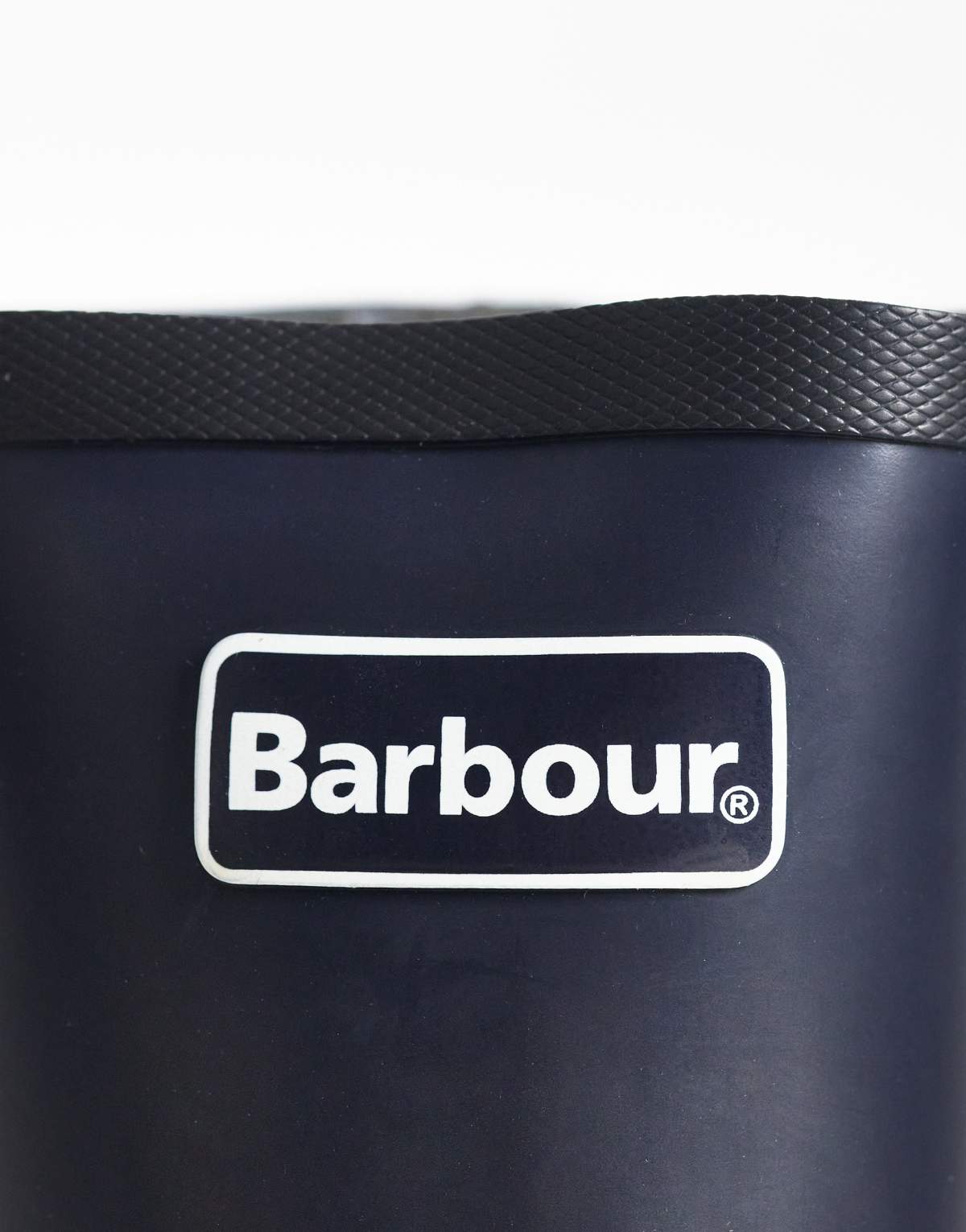 Barbour Abbey tall wellington boot in navy, detail of logo