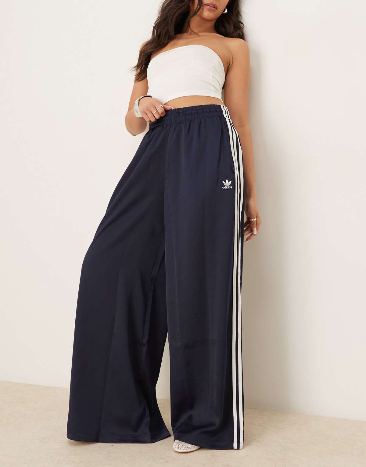 adidas Originals Wide Leg Satin Joggers in navy, front view