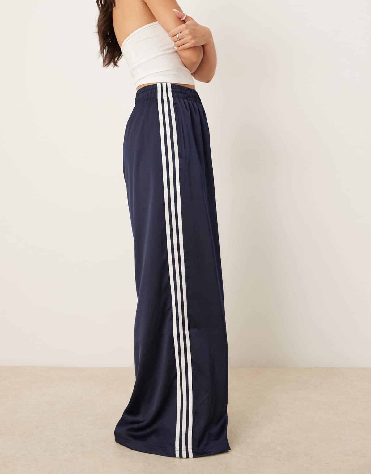 adidas Originals Wide Leg Satin Joggers in navy, view 2