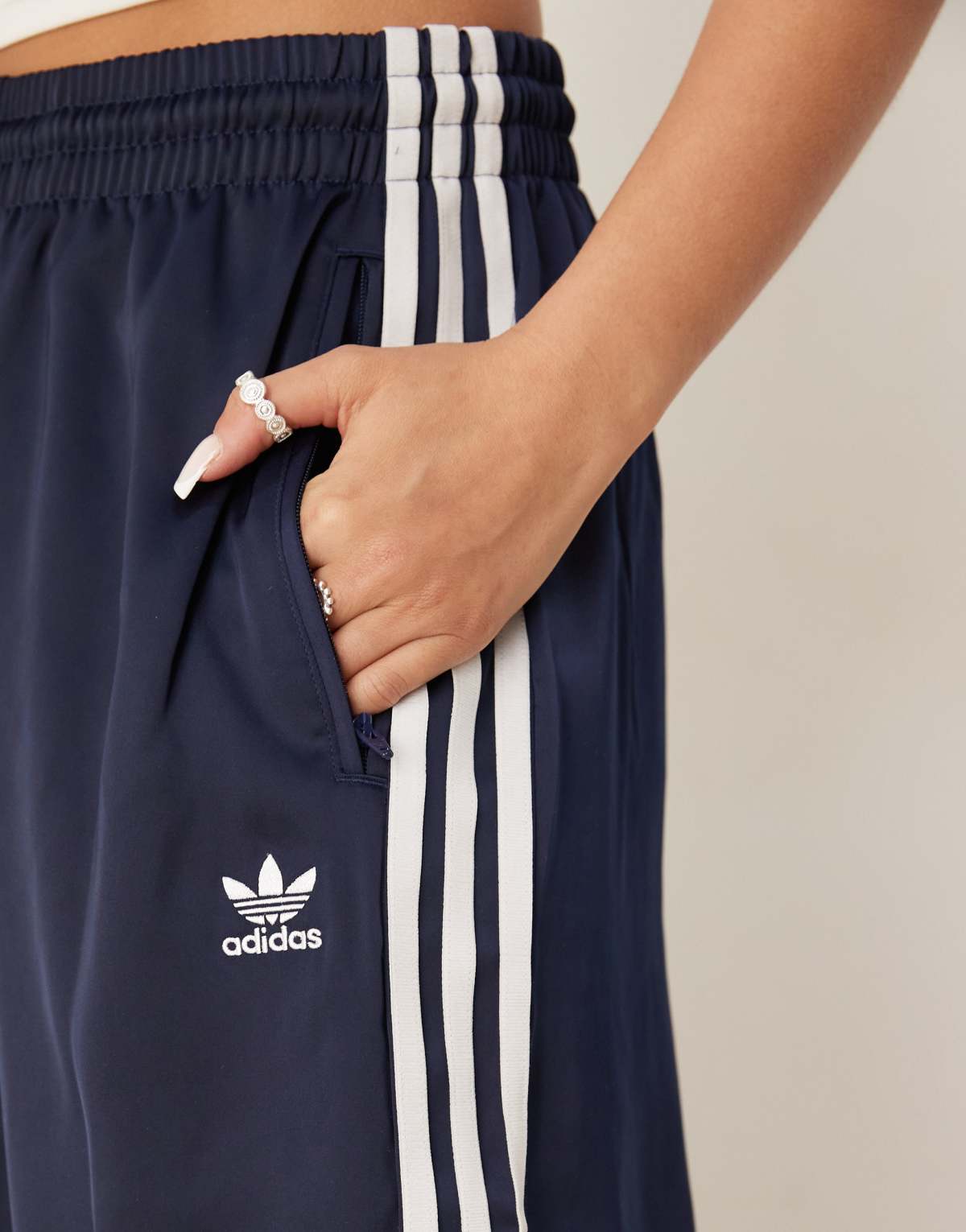 adidas Originals Wide Leg Satin Joggers in navy, view 3