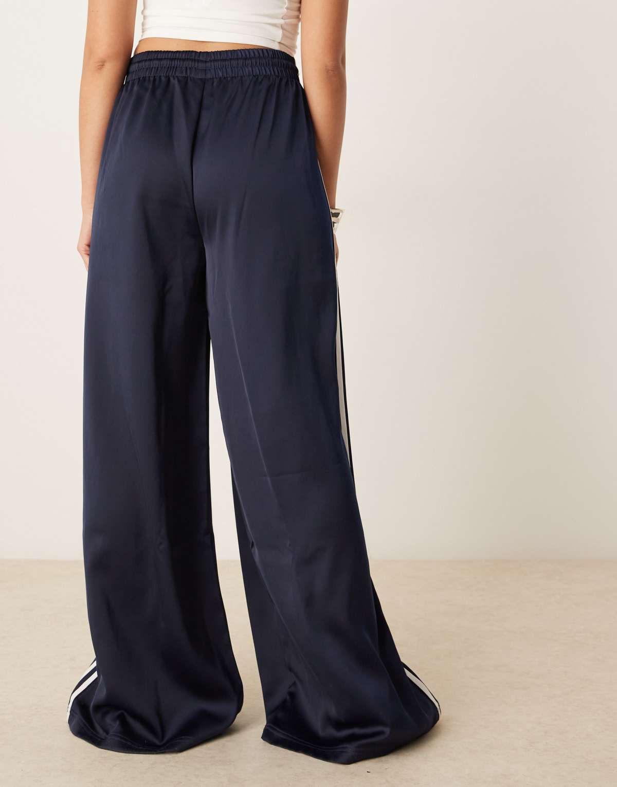 adidas Originals Wide Leg Satin Joggers in navy, view 4