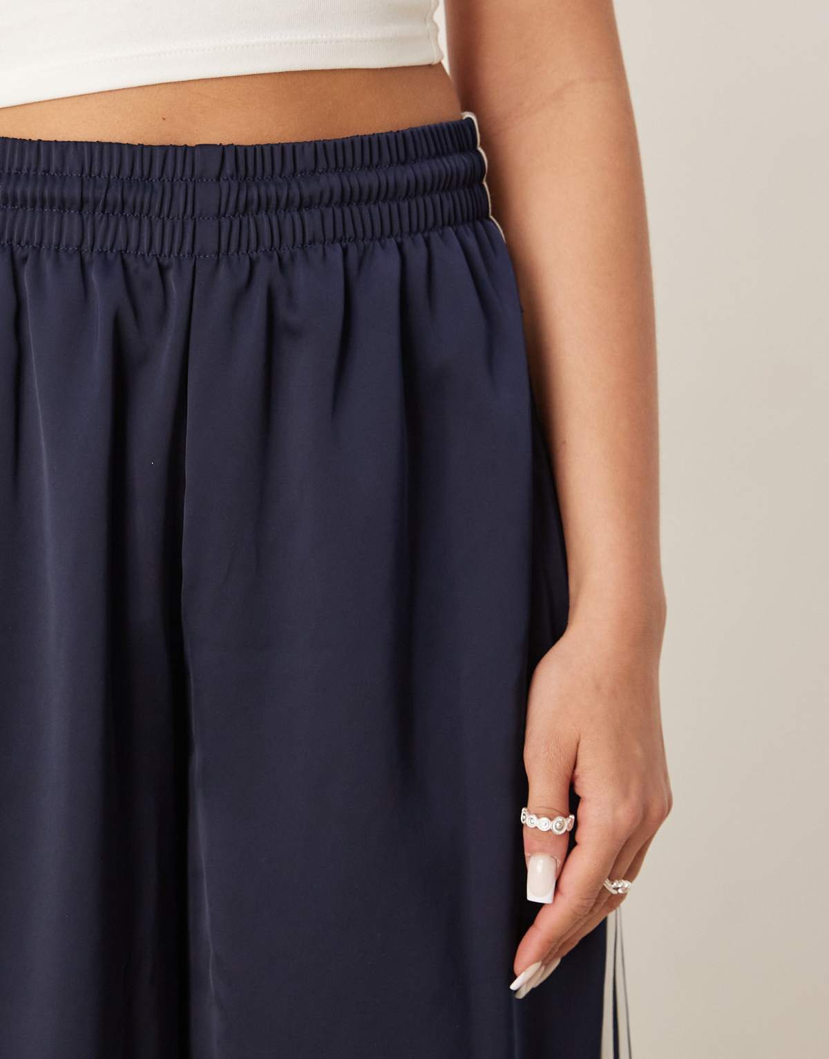 adidas Originals Wide Leg Satin Joggers in navy, view 5