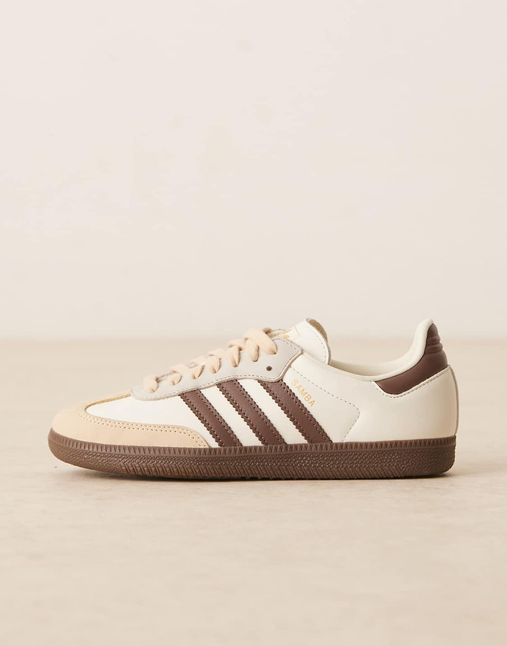 Adidas Samba in cream and brown, top view showing lacing