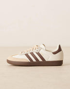 Adidas Samba in cream and brown, top view showing lacing