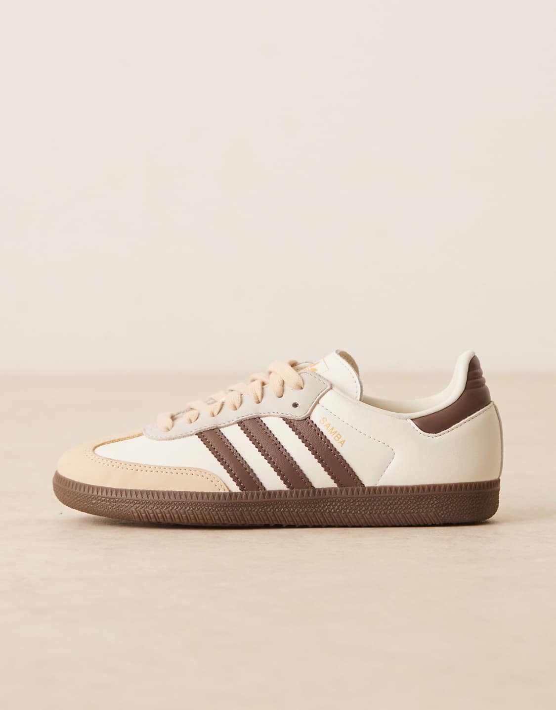 Adidas Samba in cream and brown, top view showing lacing