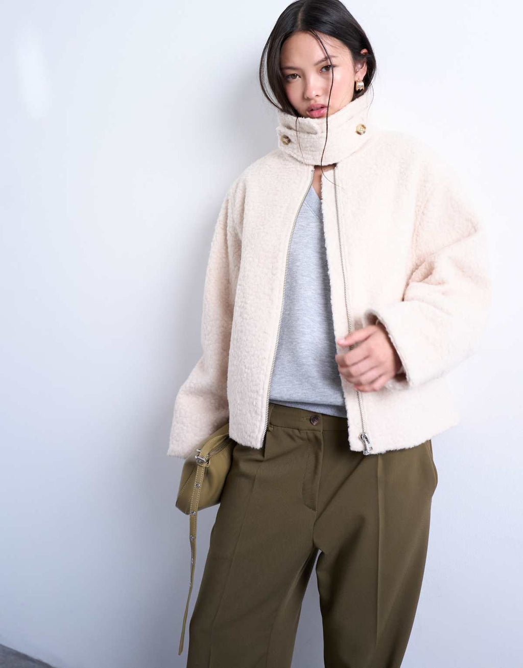 Topshop funnel boucle tab detail bomber in cream, front view