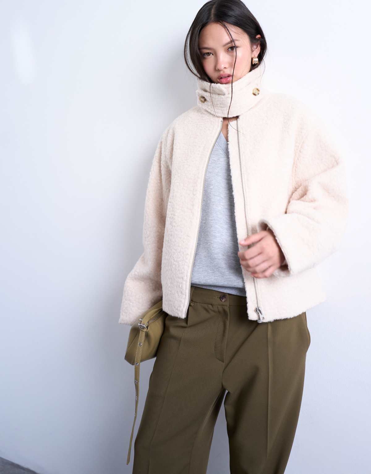 Topshop funnel boucle tab detail bomber in cream, front view