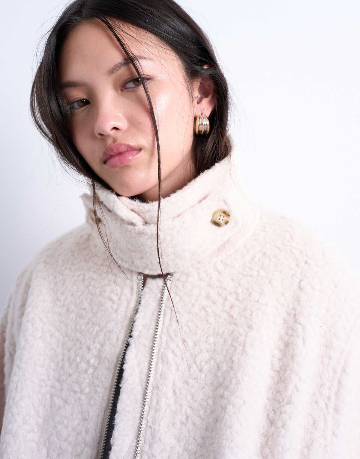 Topshop funnel boucle tab detail bomber in cream, alternate view