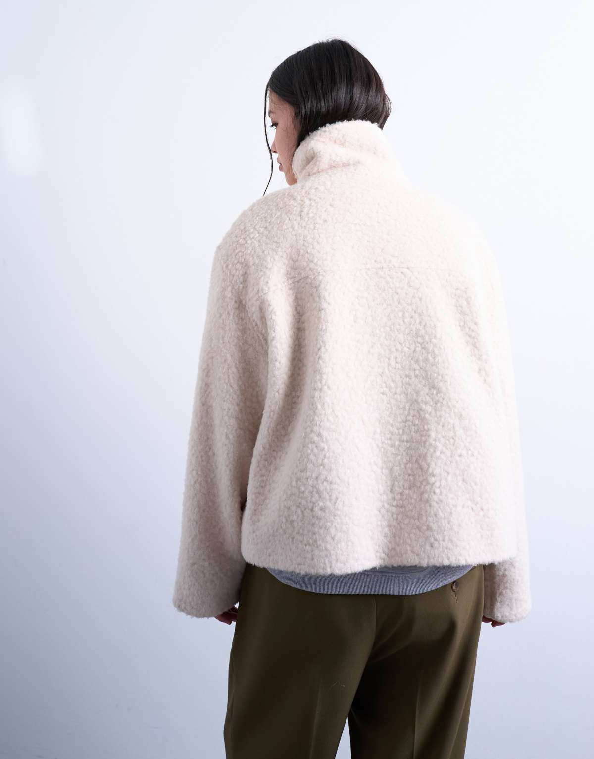 Topshop funnel boucle tab detail bomber in cream, alternate view