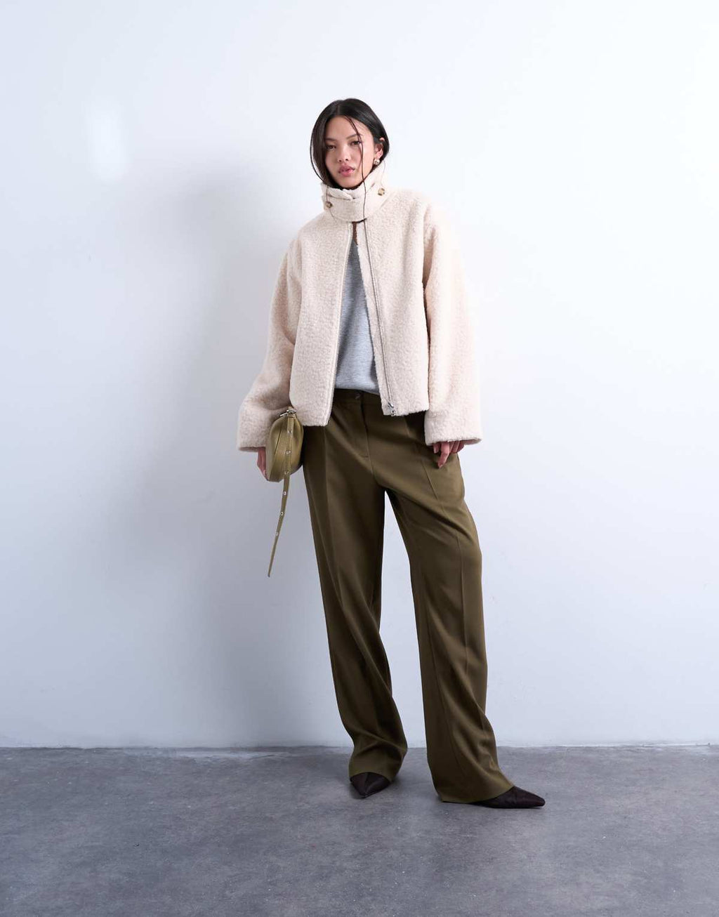 Topshop funnel boucle tab detail bomber in cream, alternate view