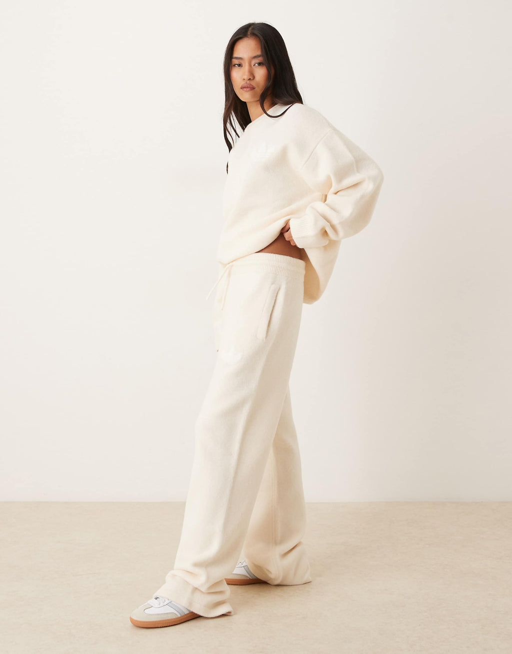 adidas Originals knitted wide leg track pants in cream
