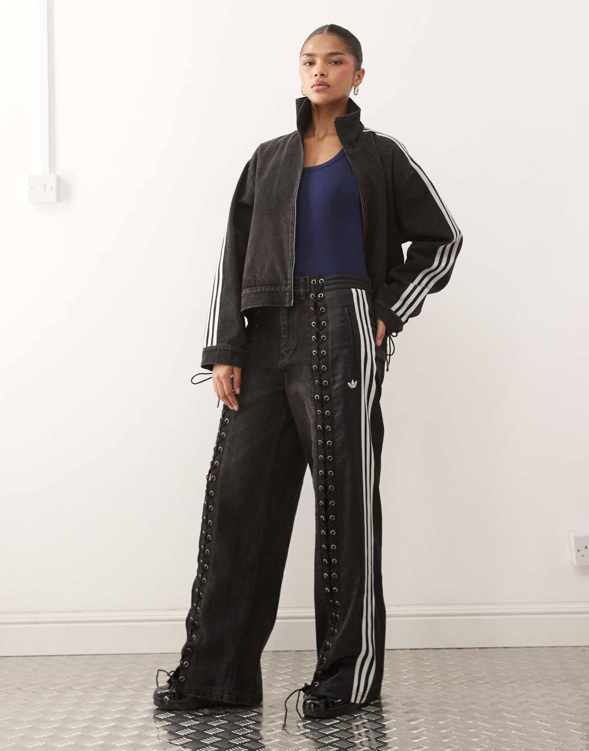 adidas Originals firebird denim jeans in black, front view