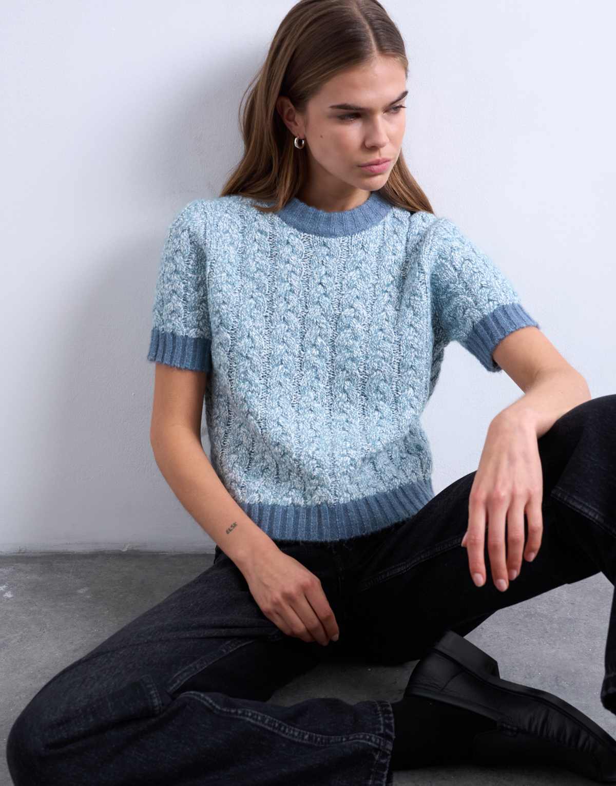 Topshop knitted cable detail short sleeve top in light blue, front view