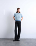 Topshop knitted cable detail short sleeve top in light blue, alternate view