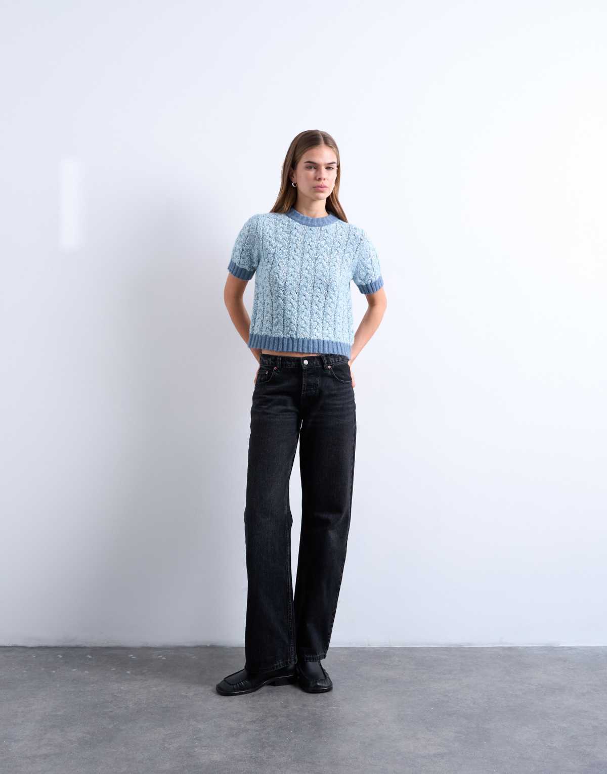 Topshop knitted cable detail short sleeve top in light blue, alternate view