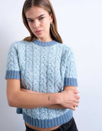Topshop knitted cable detail short sleeve top in light blue, alternate view