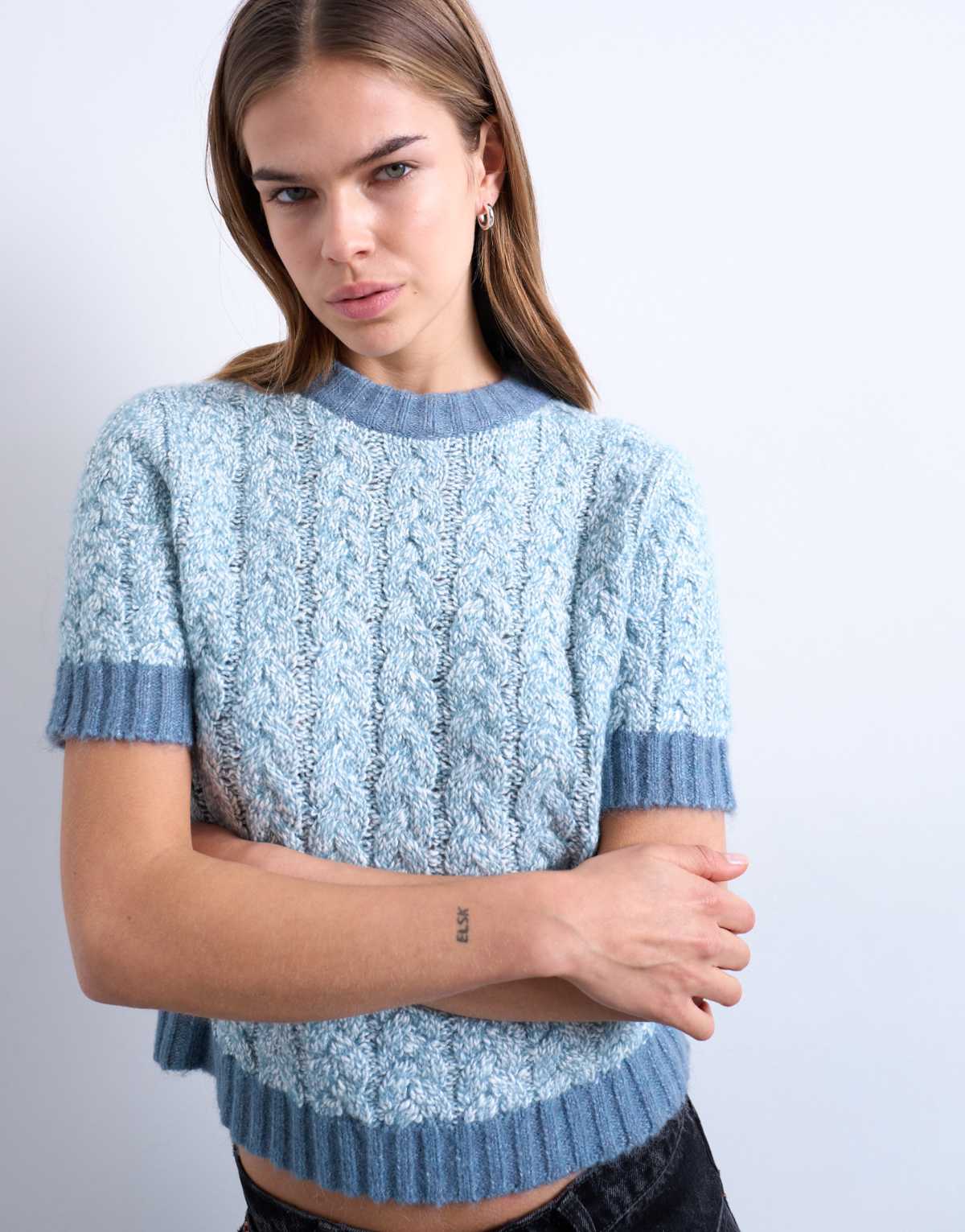Topshop knitted cable detail short sleeve top in light blue, alternate view