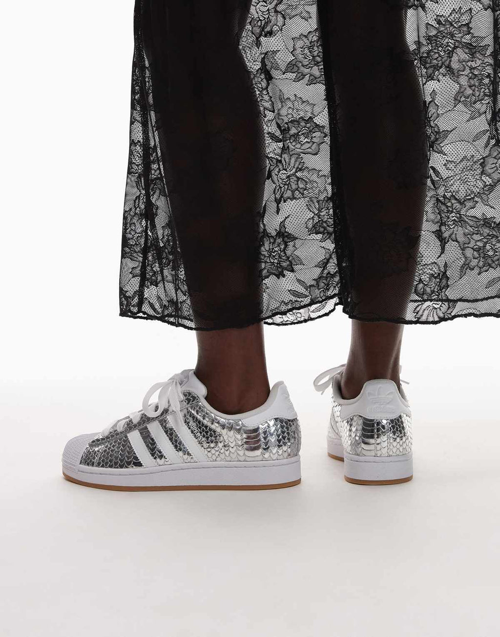 adidas Originals Superstar II croc print trainers in metallic silver, front view