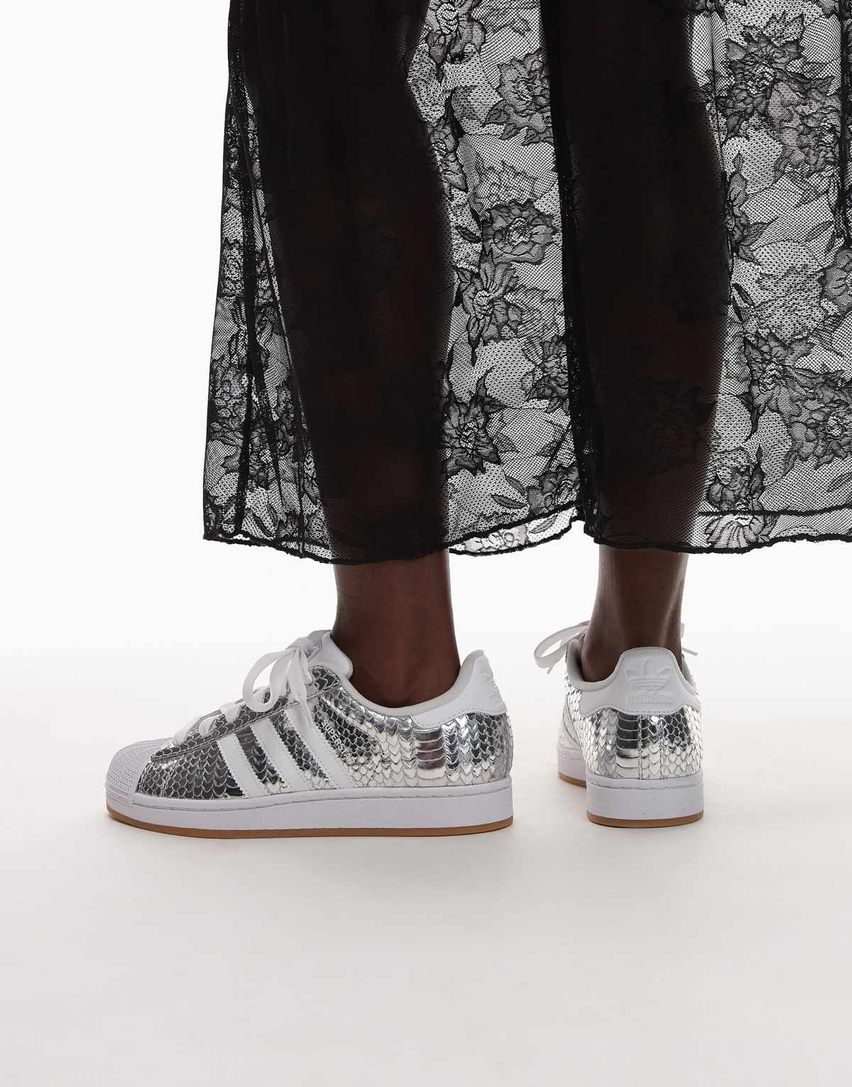 adidas Originals Superstar II croc print trainers in metallic silver, front view