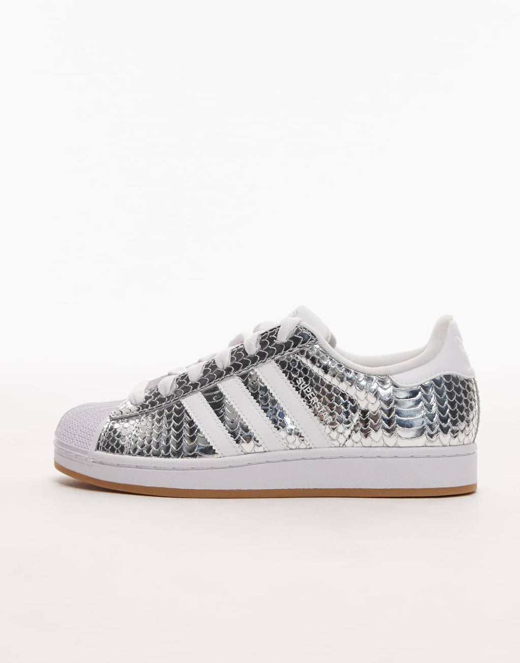 adidas Originals Superstar II croc print trainers in metallic silver, side view