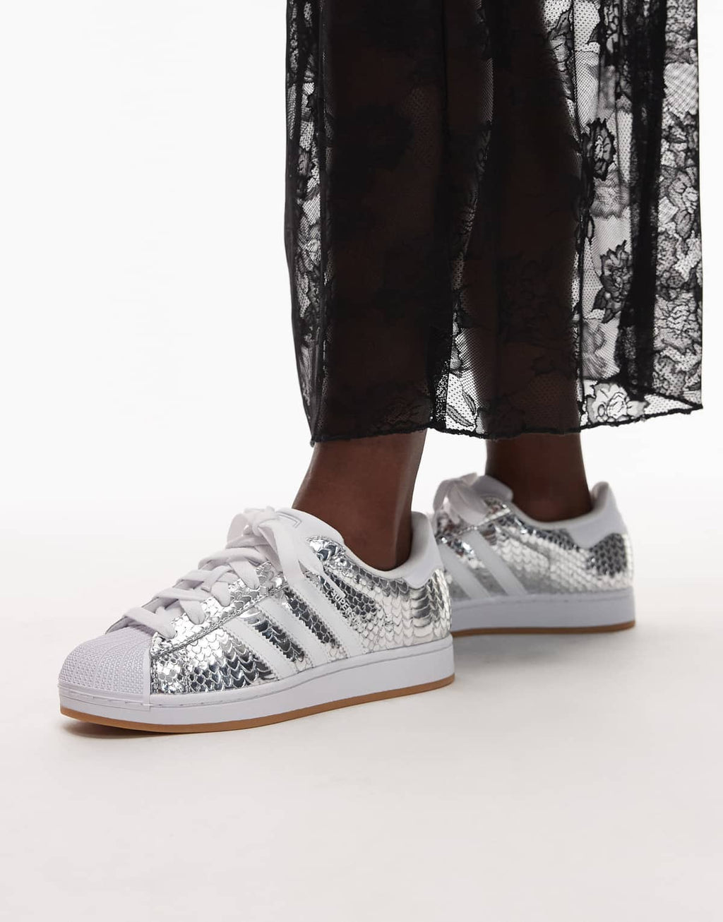 adidas Originals Superstar II croc print trainers in metallic silver, back view