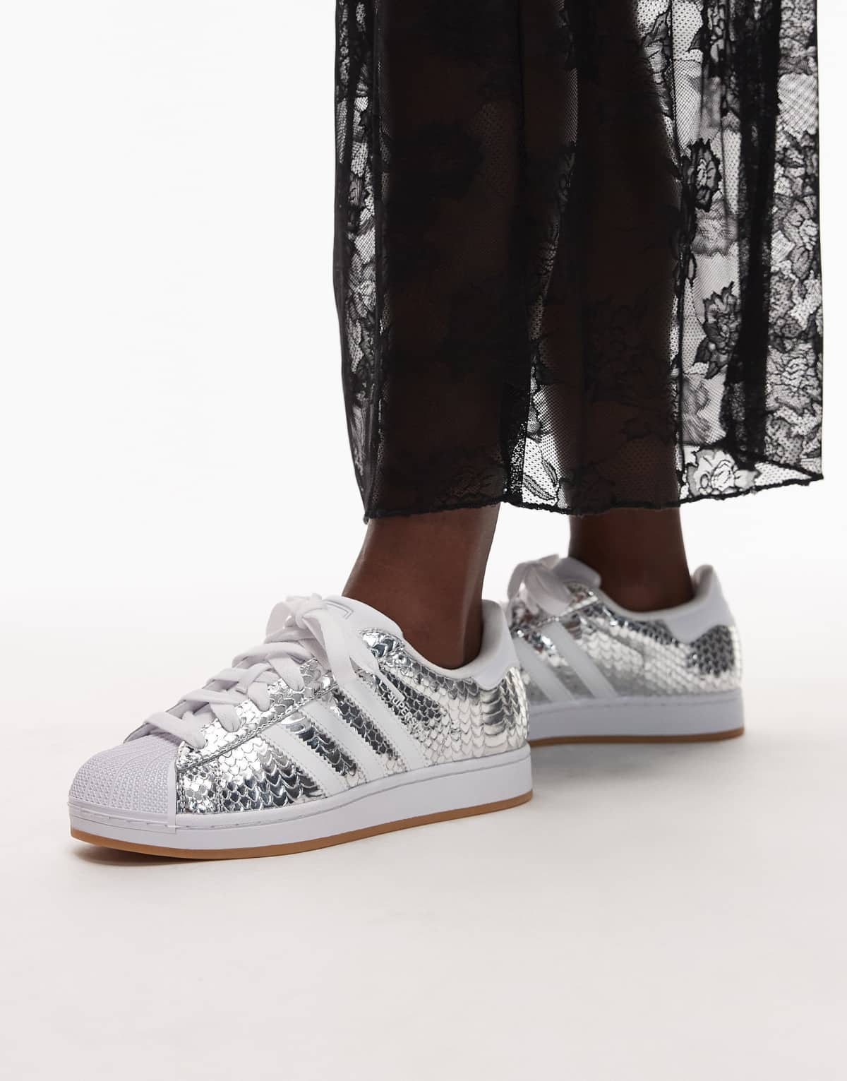 adidas Originals Superstar II croc print trainers in metallic silver, back view