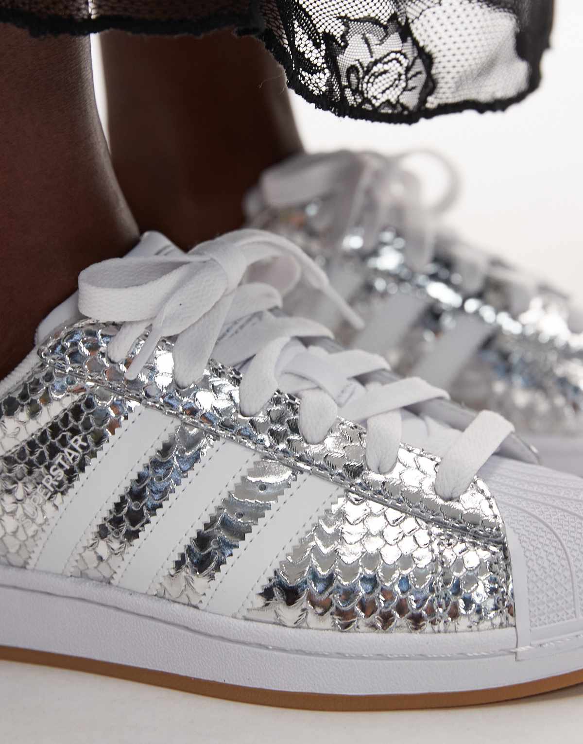 adidas Originals Superstar II croc print trainers in metallic silver, sole view