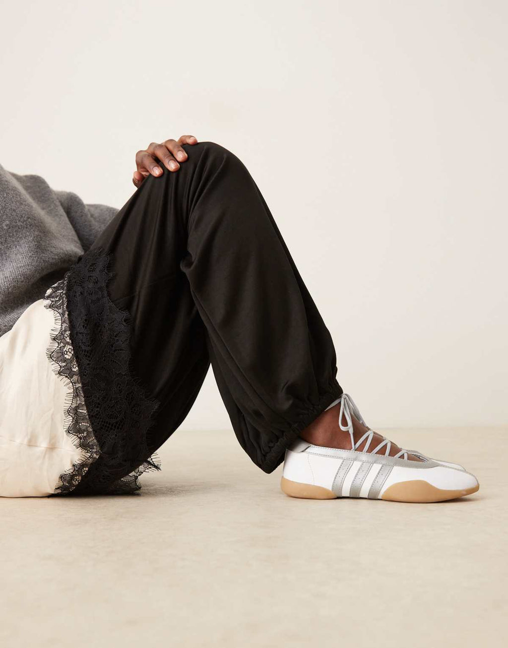 adidas Originals Taekwondo Mei ballet flats in white and silver with gum sole, front view