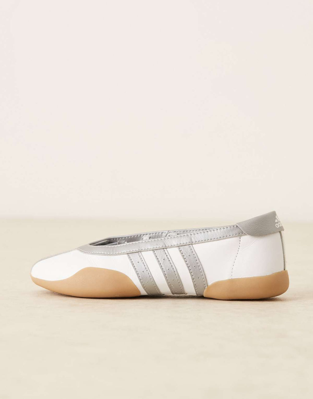 adidas Originals Taekwondo Mei ballet flats in white and silver with gum sole, side view