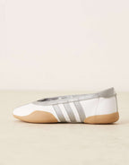 adidas Originals Taekwondo Mei ballet flats in white and silver with gum sole, side view