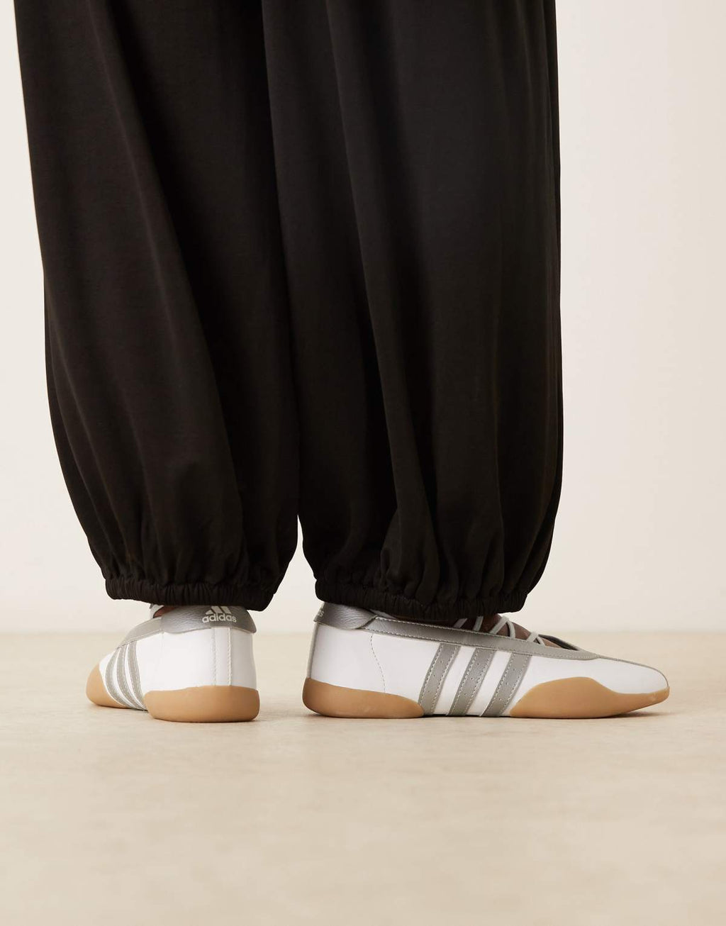 adidas Originals Taekwondo Mei ballet flats in white and silver with gum sole, top view
