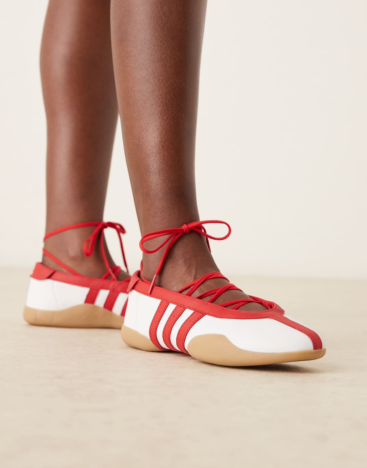 adidas Originals Taekwondo Mei ballet flats in white and red with gum sole, front view