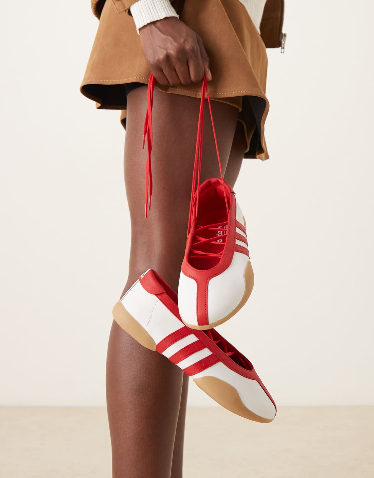 adidas Originals Taekwondo Mei ballet flats in white and red with gum sole, top view