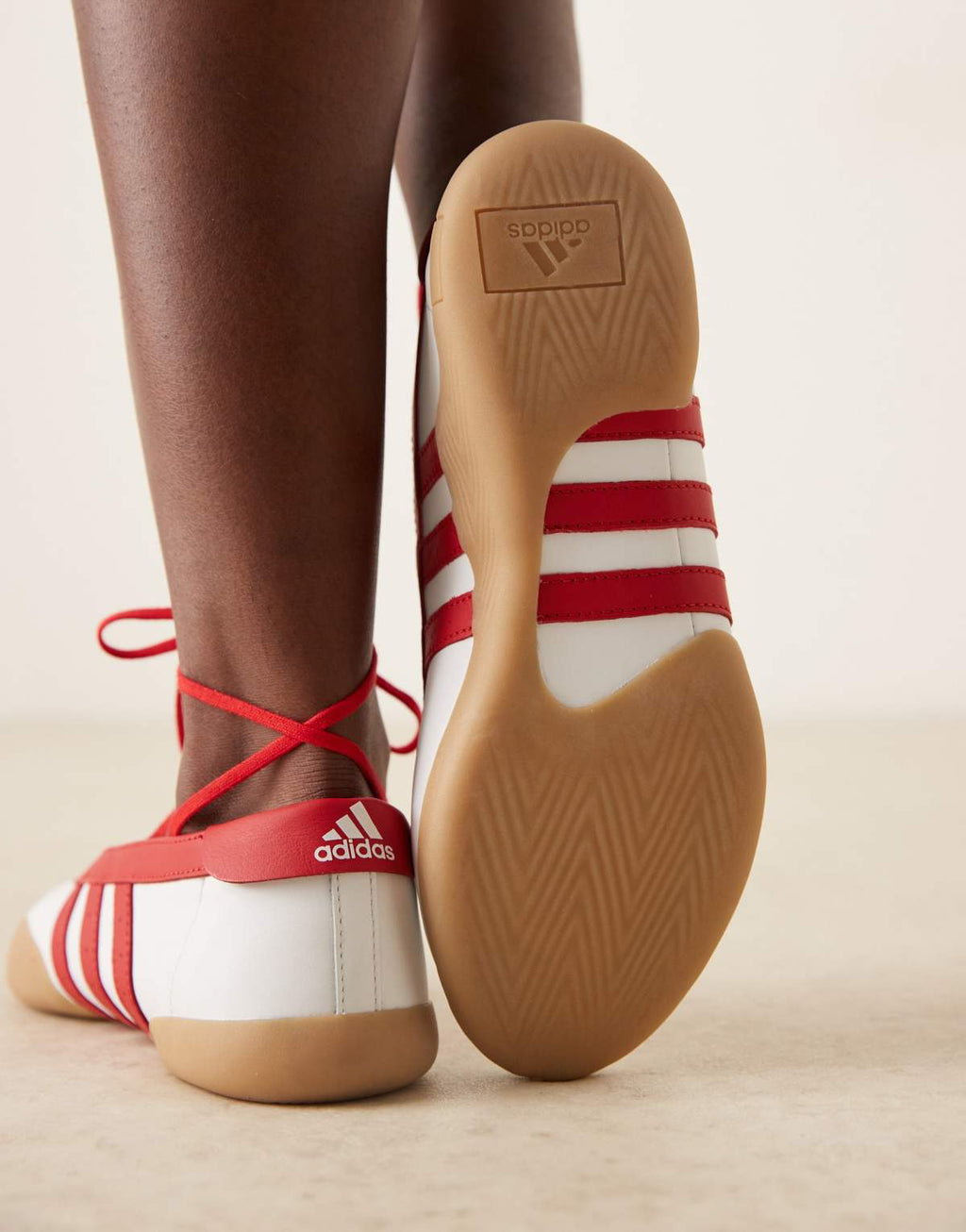 adidas Originals Taekwondo Mei ballet flats in white and red with gum sole, back view