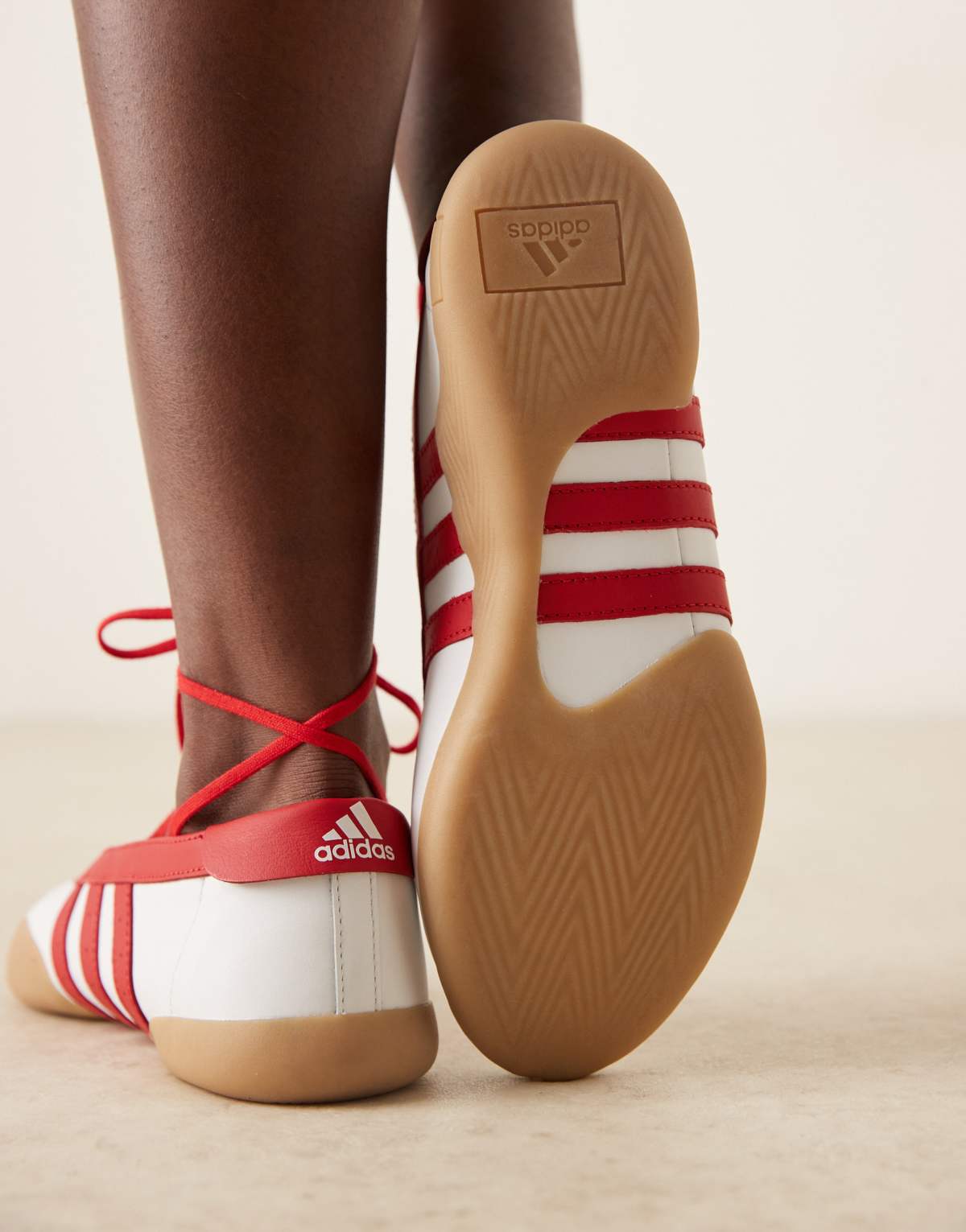adidas Originals Taekwondo Mei ballet flats in white and red with gum sole, back view