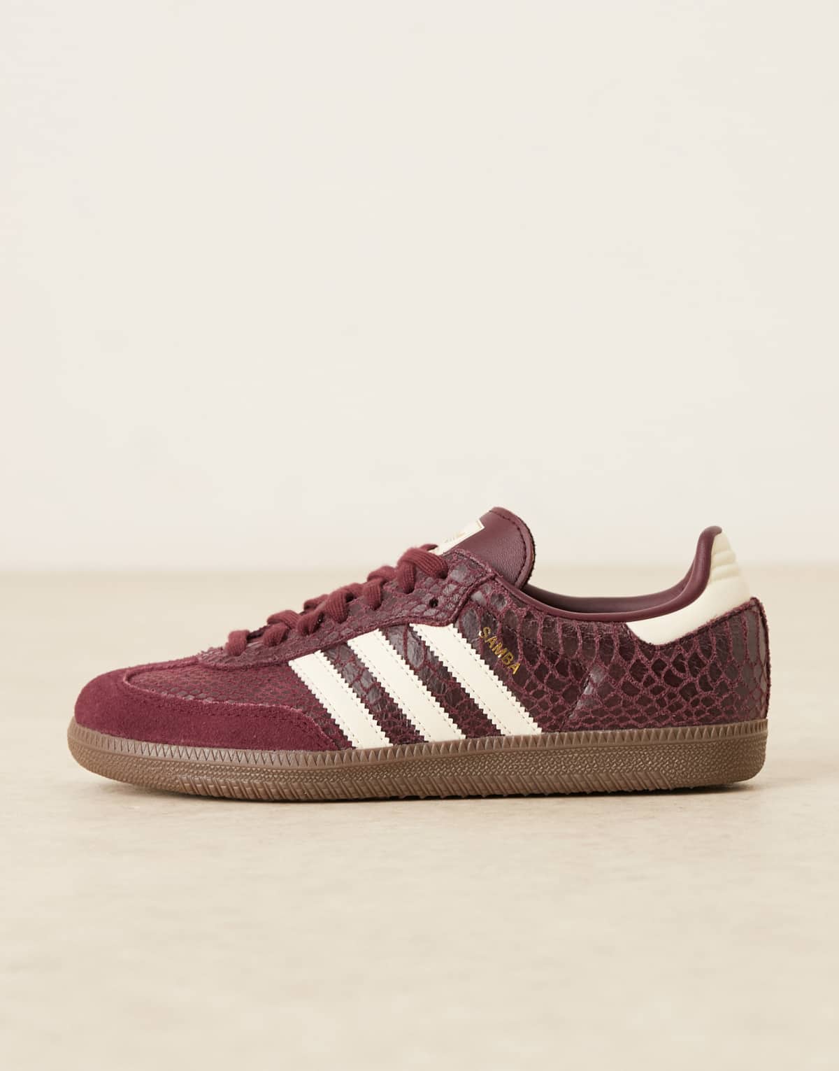 adidas Originals Samba OG trainers in maroon croc print, side view