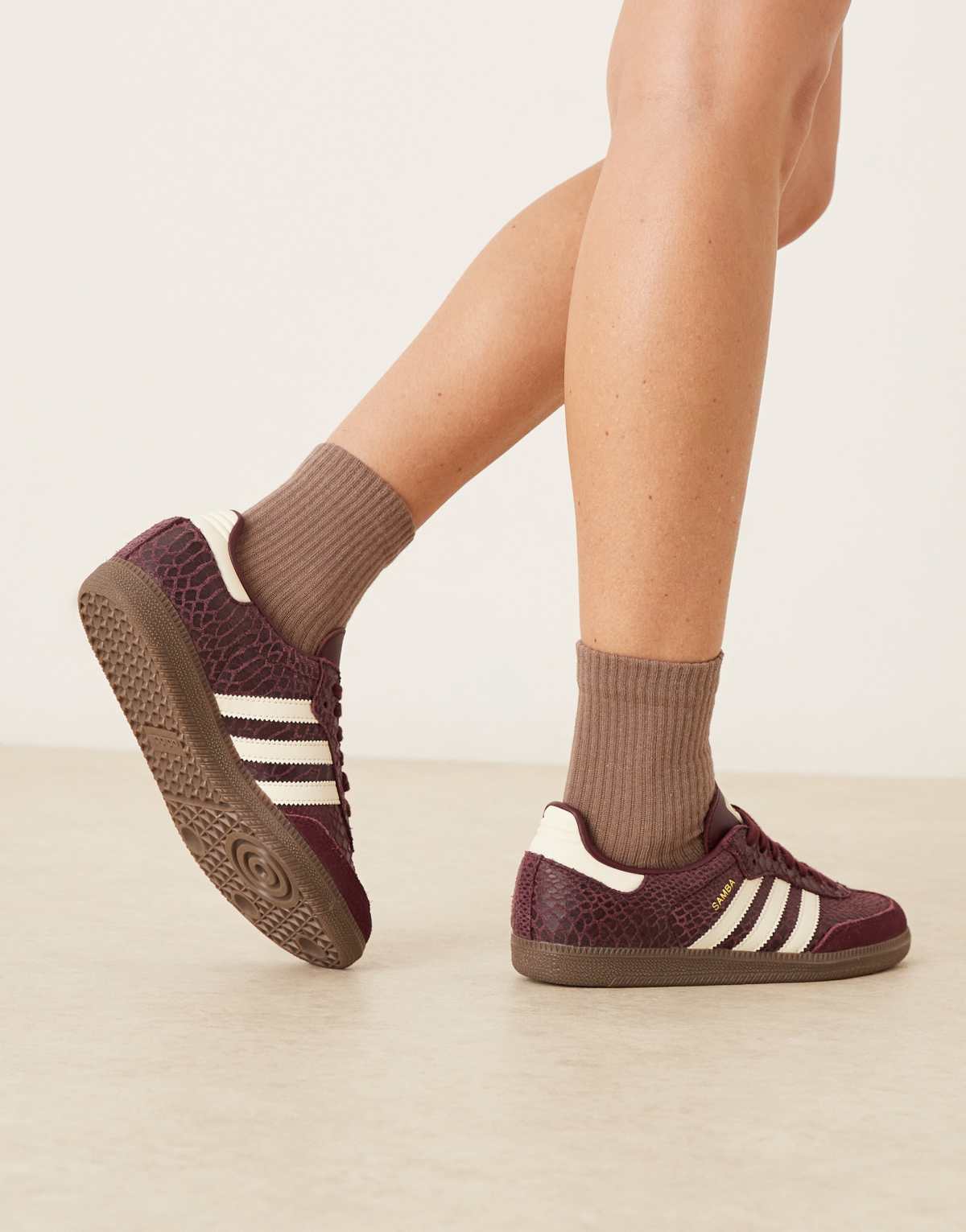 adidas Originals Samba OG trainers in maroon croc print, back view