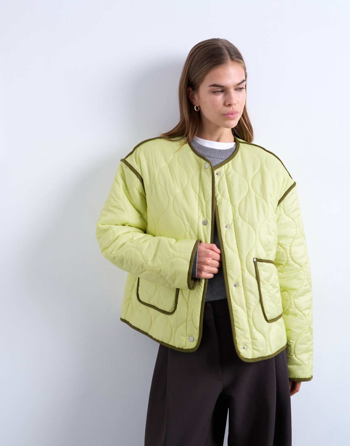 Topshop contrast quilted liner in green, front view