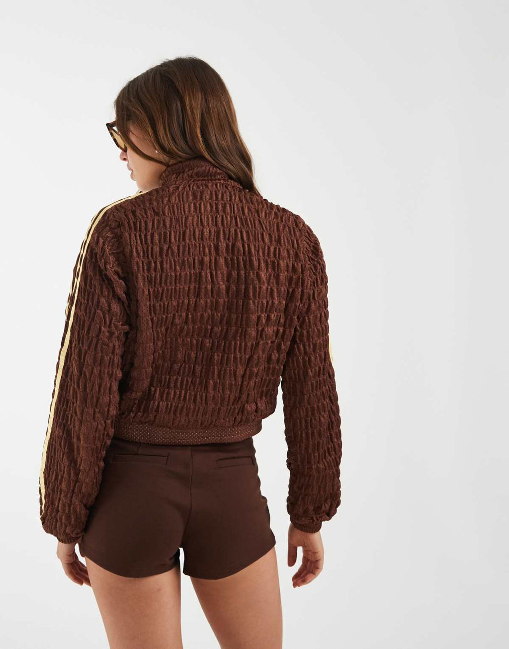 adidas Originals shirred track jacket in brown, detail view