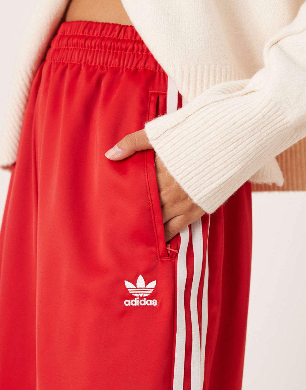 adidas Originals wide leg satin joggers in red, alternate view