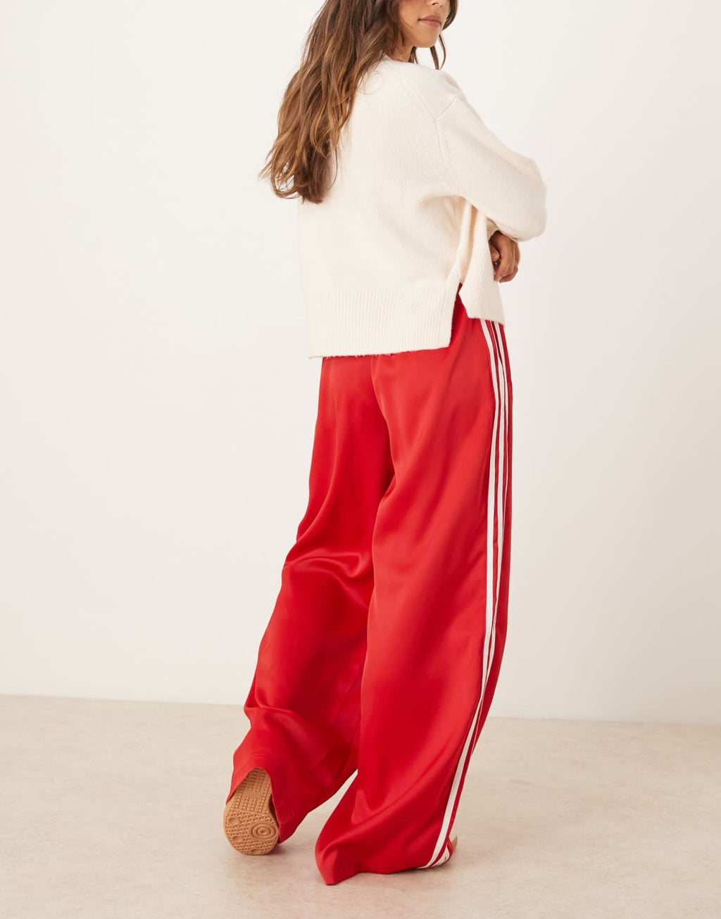 adidas Originals wide leg satin joggers in red, back view