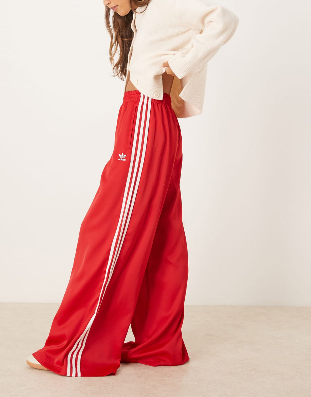 adidas Originals wide leg satin joggers in red, styled view