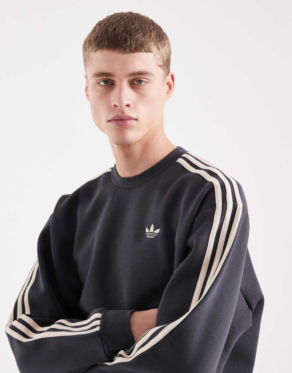 adidas Originals Three Stripe sweatshirt in dark grey, alternate view