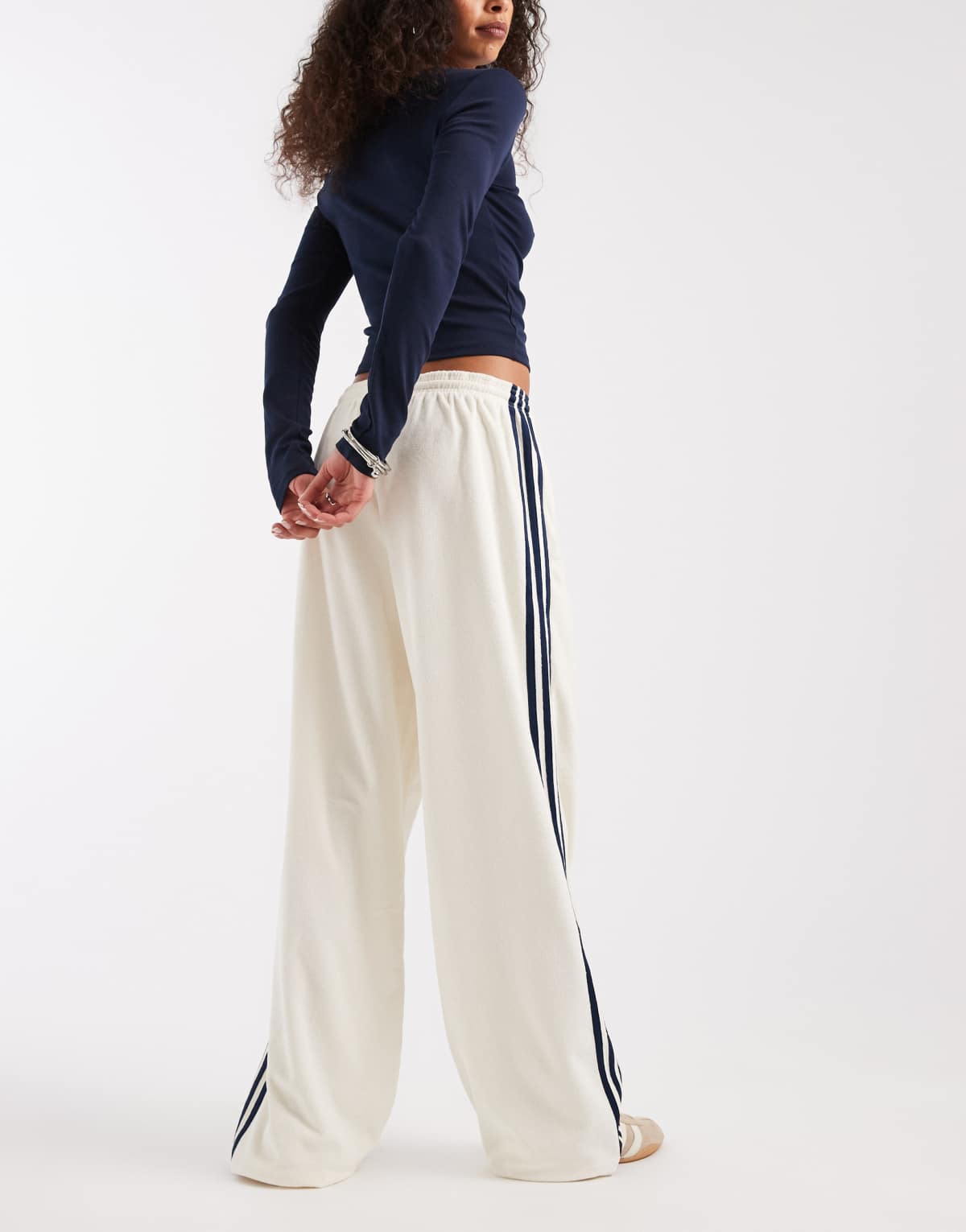 adidas Originals terry towel track pants in cream white, fabric detail view