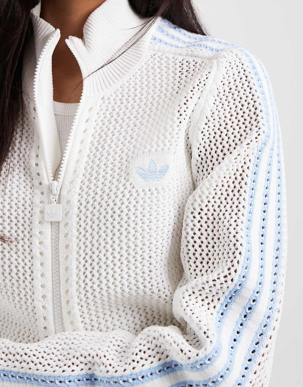 adidas Originals crochet track top in white and blue, back view