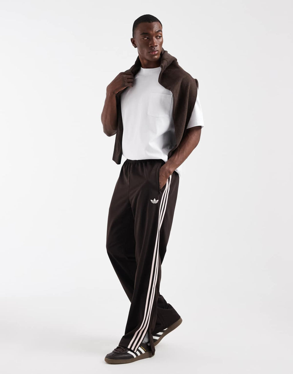 adidas Originals Firebird track pants in coffee brown, front view