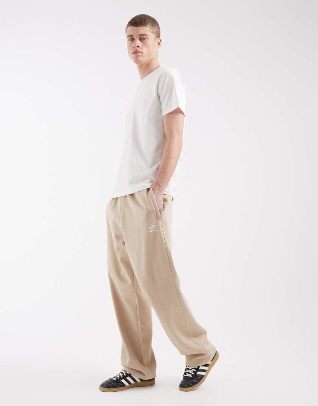 adidas Originals trefoil essentials open hem joggers in khaki, alternate view